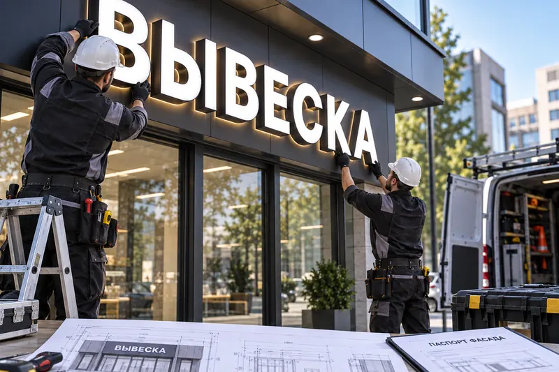 Двое монтажников в касках крепят объёмные буквы на фасад, внизу на столе чертежи
