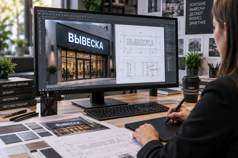 Сотрудница работает над макетом на мониторе, на столе распечатки чертежей и образцы материалов
